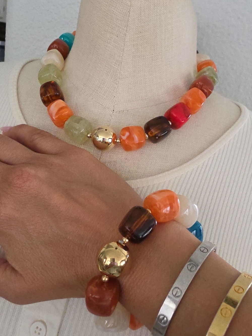 Colorful Glass Bead Necklace with Gold Accent - Multicolor